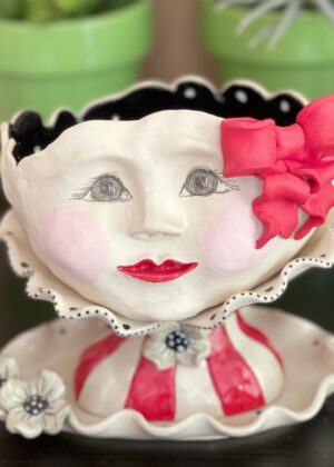 Lady Head Art Pottery Planter with Tray, Red Bow