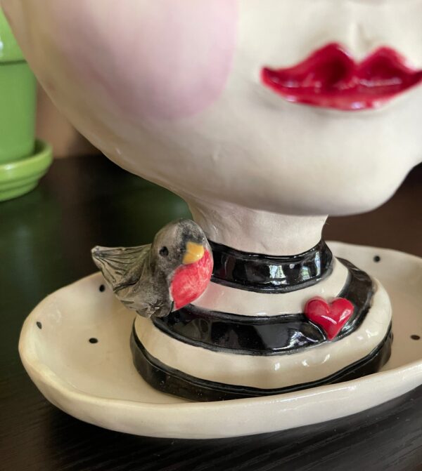 Lady Head Art Pottery Planter with Tray, Love Bird - Image 3