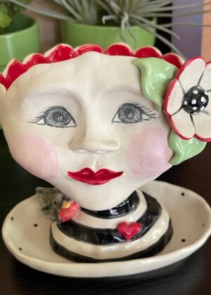 Lady Head Art Pottery Planter with Tray, Love Bird